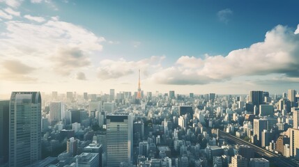 Panoramic skyline view of a bustling metropolis with towering skyscrapers and urban architecture Generative AI