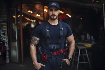 Confident man in blue shirt and black hat standing in a well-lit garage with tools and equipment in the background. Generative AI