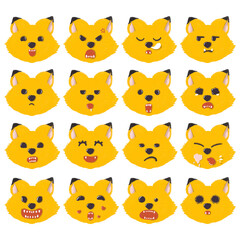 Collection of fox emoji faces with different mood. Set of cartoon emoji fox characters designs.