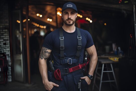 Confident man in blue shirt and black hat standing in a well-lit garage with tools and equipment in the background. Generative AI