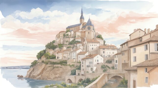 水彩画背景_世界旅行_フランス_中世の街並み_04