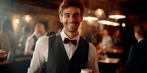 Handsome smiling waiter serving coffee to customers . Generative AI - obrazy, fototapety, plakaty