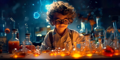 little scientist experimenting with chemical reactions in his laboratory. Generative AI