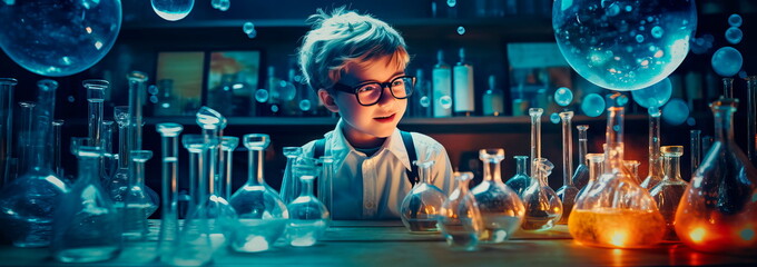 little scientist experimenting with chemical reactions in his laboratory. Generative AI - obrazy, fototapety, plakaty