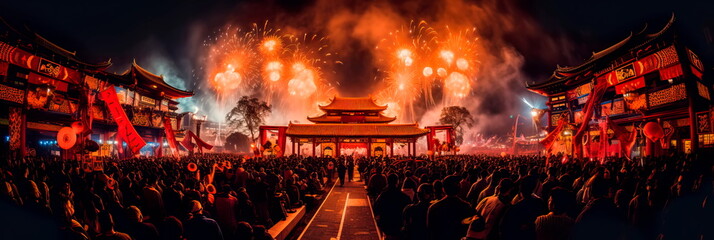 Chinese New Year celebrations with fire shows and light installations , Generative AI