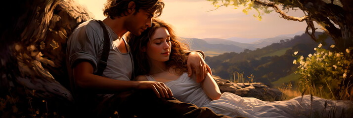 Young beautiful couple resting alone in nature , Generative Ai