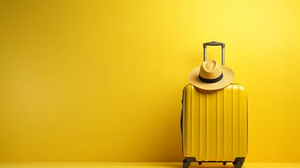 Foto op Plexiglas Yellow luggage and hat travel concept background copy space. 3D rendering. Travel concept © khozainuz
