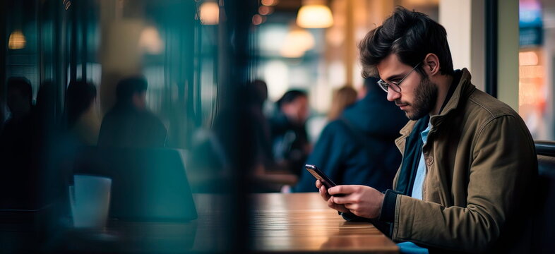 Businessman checking news on smartphone during lunch. Generative Ai