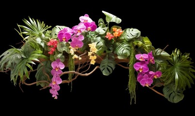 Naklejka na ściany i meble Tropical vibes plant bush floral arrangement with tropical leaves Monstera and fern and Vanda orchids tropical flower decor on tree branch liana vine plant, Generative AI 