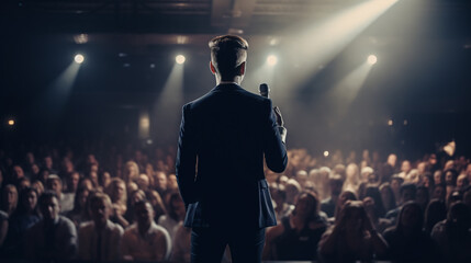 Back view of man speaker standing on stage in front of audience