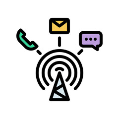 Communication icons in various shapes in flat, line, colored styles.