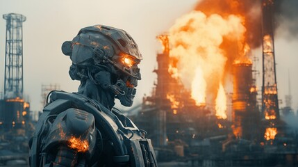 A double exposure. Military robot thinking at an oil refinery to ensure safety in the petrochemical industry. Generative AI.