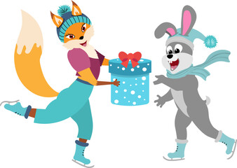 Christmas story time. Fox and hare skating and a big gift. Christmas and New Year vector composition.