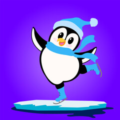 Christmas story time. Cute penguin skating on an ice floe on a blue background. Christmas and New Year vector composition.