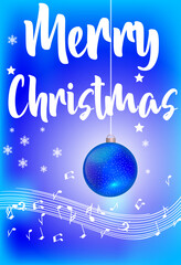 Christmas story time. The inscription Merry Christmas on a blue background with a Christmas ball, music and stars.