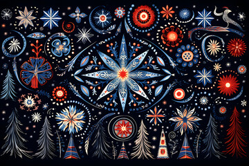 Christmas background. Bright, cheerful drawn elements. Glass balls, Christmas trees, stars - 684085355