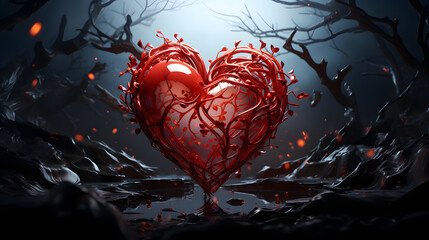 Red glass heart in the form of patterns among scary dark branches. Black background. Valentine's Day concept - 684085535