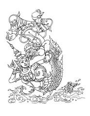 illustration of Hanuman with mermaid pen drawing for card illustration background