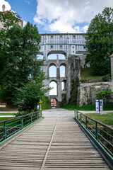 Old heritage-protected multi-story bridge near the castle in Cesky Krumlov, Czech Republic.