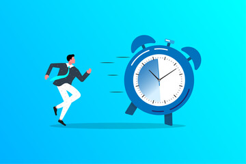 Businessman is chasing time, time management, businessman runs after the clock cartoon vector icon flat illustration white background