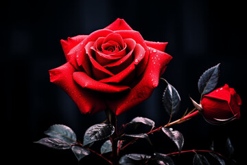 Single stunning red rose flower with vibrant colors and dark ambiance and background - obrazy, fototapety, plakaty