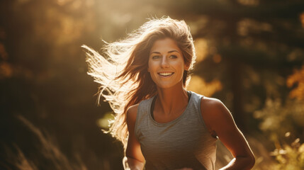 Portrait of a middle aged woman running in the wilderness with sun through the nature and leaves