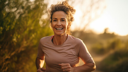 Portrait of a middle aged woman running in the wilderness with sun through the nature and leaves