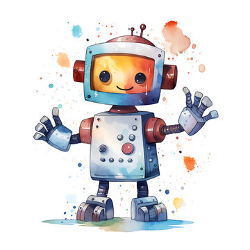 watercolor cute robot on white background generative ai 