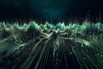 ondes sonores abstraites sur fond noir - façon Matrix, points numériques verts donnant un effet 3D d'ondes. - obrazy, fototapety, plakaty