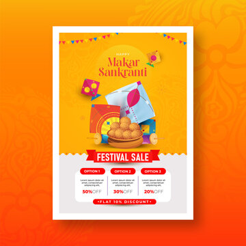 Happy Makar Sankranti Festival Offer A4 Poster Design Template, Indian Festival Sale A4 Size Poster Design Layout Template