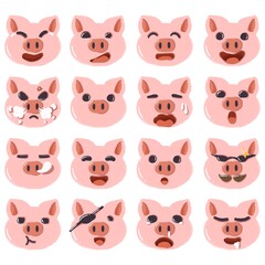 Collection of pig emoji faces with different mood. Set of cartoon emoji pig characters designs.