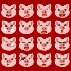 Collection of pig emoji faces with different mood. Set of cartoon emoji pig characters designs.