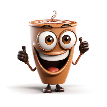 Mascot cheerful optimistic coffee cup, white background generative ai