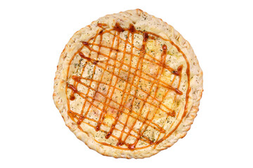 Top view of round closed pizza with minced meat and barbecue sauce