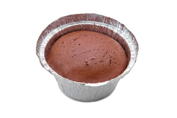 High angle view of chocolate brownie in a baking foil dish isolated on white