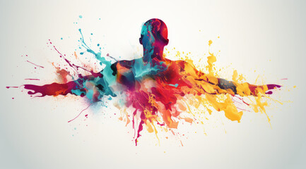 Silhouette of a man with arms outstretched in a vibrant splatter of colours.