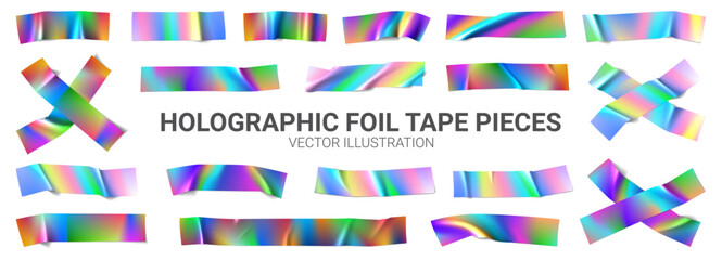 Set of holographic foil tape pieces. Vector illustration with 3d realistic iridescent rainbow colored adhesive tapes. Duct tape with glossy metallic effect. Rainbow wrinkled strips for collage.