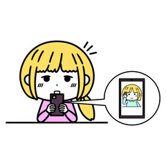 スマートフォン　テレビ電話　ビデオ通話　女性　イラスト