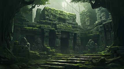 An ancient temple nestled amidst emerald forests, its weathered stones echoing tales of a bygone era.