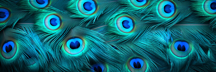 Fototapeta premium Blue peacock feather background. Generative AI
