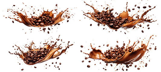 Set of delicious coffee beans in splashes of coffee, cut out