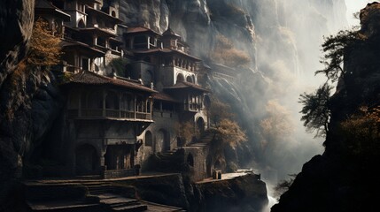 Naklejka premium An ethereal mist enveloping an ancient monastery, veiling it in an aura of mystique and sanctity.