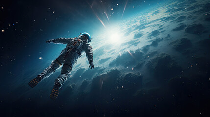 Person in spacesuit floating in Cosmos - obrazy, fototapety, plakaty