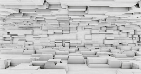 Fototapeta premium Abstract monochrome futuristic cubic cell tiling corridor. Geometrical pattern floor and wall. 3D rendering.