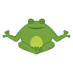 Vector illustration of funny happy green cartoon cute frog doing yoga isolated on white background. 
