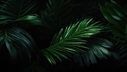 beautiful palm leaves in wild tropical palm garden, dark green palm leaf texture concept