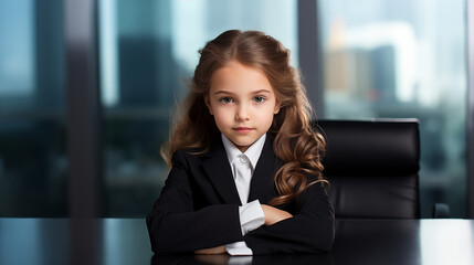 Professional girl executive in a business conference room of a modern office wearing formal suit confidently like a boss and manager. Success and ambition. Generative AI.