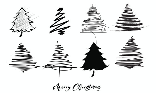 Hand drawn Christmas tree background. Christmas tree paint brush strokes, Doodle ink seamless pattern for New Year.eps8