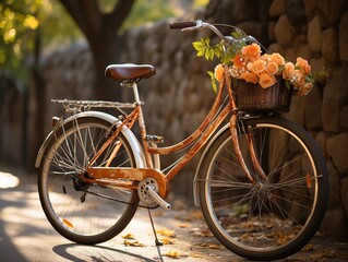 Fototapeta na wymiar Stylish bike with pots for flowers against the background of brick blocks.