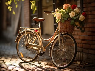 Fototapeta na wymiar Stylish bike with pots for flowers against the background of brick blocks.